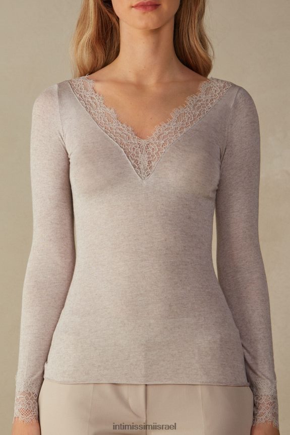 לבוש il Intimissimi נשים חולצת תחרה ארוכה מודאלית קשמיר מלאנג' בצבע בז' 7525 44DDXH1343