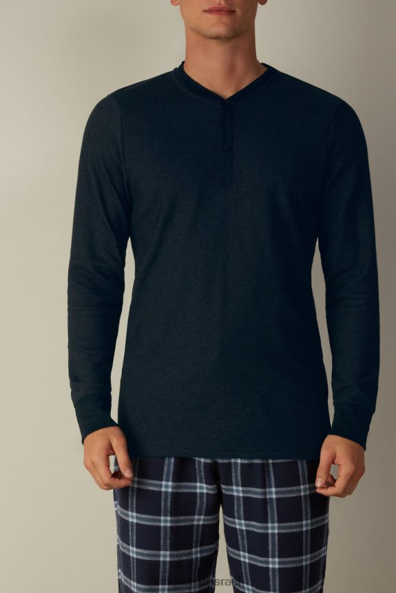 לבוש il Intimissimi גברים חולצת סבא עם שרוולים ארוכים מכותנה חמה כחול 800-חצות 44DDXH221