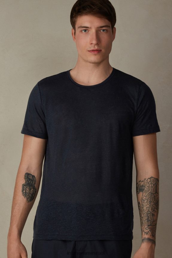 לבוש il Intimissimi גברים חולצת פשתן עם שרוולים קצרים כחול 800-חצות 44DDXH222